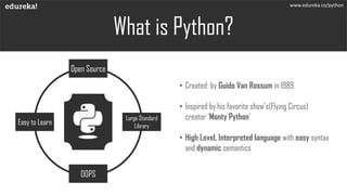What is Python?
• Created by Guido Van Rossum in 1989
• Inspired by his favorite show’s(Flying Circus)
creator ‘Monty Python’
• High Level, Interpreted language with easy syntax
and dynamic semantics
www.edureka.co/python
Open Source
OOPS
Large Standard
Library
Easy to Learn
 