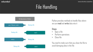 File Handling
Python provides methods to handle files where
we can read and write data into it
Steps:
• Open a file
• Perform operations
• Close file
You need to make sure that you close the file to
avoid damaging data in the file
open ( filename, mode )
write( )
close( )
read( )
File Operations in Python
Opening a file
Reading a file
Writing a file
Closing a file
www.edureka.co/python
 