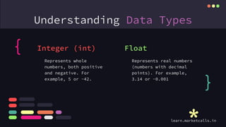 Understanding Data Types
Represents real numbers
(numbers with decimal
points). For example,
3.14 or -0.001
Represents whole
numbers, both positive
and negative. For
example, 5 or -42.
Integer (int) Float
{
}
learn.marketcalls.in
 