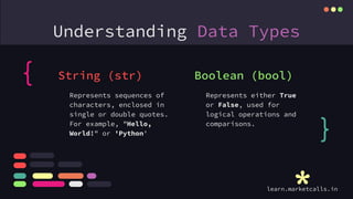 Understanding Data Types
Represents either True
or False, used for
logical operations and
comparisons.
Represents sequences of
characters, enclosed in
single or double quotes.
For example, "Hello,
World!" or 'Python'
String (str) Boolean (bool)
{
}
learn.marketcalls.in
 