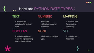It includes
int,float,complex for
numerical.
It includes dict
For creating
dictionary.
Here are PYTHON DATE TYPES :
It includes str
data type for textual
data.
It includes keyword
‘bool’ for representing
true or false values.
It indicates none data
type.
It includes set,
frozenset.
TEXT NUMERIC MAPPING
BOOLEAN NONE SET
{
} ..
..
 