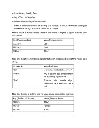 o Your Subway Loyalty Card:
o Key – Your card number
o Value – Your points you’ve amassed!
The key in the dictionary can be a string or a number. In fact, it can be any data type!
The takeaway though is that the key must be unique!
Here’s a look at some sample tables of the above examples to again illustrate keys
and values.
Key(Phone number) Value(Persons name)
7323245 ‘Joe’
9822912 ‘Sue’
6323421 ‘Moe’
Note that the phone number is represented as an integer and each of the values as a
string.
Key(Word) Value(Definition)
‘Cat’ ‘A small domesticated carnivore’
‘Python’ Any of several boa constrictors in
the subfamily Pythoninae’
‘Byte’ Adjacent bits, usually eight,
processed by a computer as a
unit’
Note that the key is a string and the value also a string in this example.
Key (Student ID Number). Value (Persons Name)
127323 ‘Mike’
187428 ‘Tomoki’
493209 ‘Raoul’
 