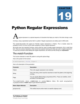 CHAPTER 
19 
Python Regular Expressions 
Aregular expression is a special sequence of characters that helps you match or find other strings or sets 
of strings, using a specialized syntax held in a pattern. Regular expressions are widely used in UNIX world. 
The module re provides full support for Perl-like regular expressions in Python. The re module raises the 
exception re.error if an error occurs while compiling or using a regular expression. 
We would cover two important functions, which would be used to handle regular expressions. But a small thing 
first: There are various characters, which would have special meaning when they are used in regular expression. 
To avoid any confusion while dealing with regular expressions, we would use Raw Strings as r'expression'. 
The 
match 
Function 
This function attempts to match RE pattern to string with optional flags. 
Here is the syntax for this function: 
re.match(pattern, string, flags=0) 
Here is the description of the parameters: 
Parameter Description 
Pattern This is the regular expression to be matched. 
String 
TUTORIALS POINT 
Simply 
Easy 
Learning 
This is the string, which would be searched to match the pattern at the beginning 
of string. 
Flags 
You can specify different flags using bitwise OR (|). These are modifiers, which 
are listed in the table below. 
The re.match function returns a match object on success, None on failure. We would use group(num) 
or groups() function of match object to get matched expression. 
Match Object Methods Description 
group(num=0) This method returns entire match (or specific subgroup num) 
 