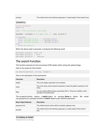 groups() This method returns all matching subgroups in a tuple (empty if there weren't any) 
EXAMPLE: 
#!/usr/bin/python 
import re 
line = "Cats are smarter than dogs"; 
matchObj = re.match( r'(.*) are (.*?) .*', line, re.M|re.I) 
if matchObj: 
print "matchObj.group() : ", matchObj.group() 
print "matchObj.group(1) : ", matchObj.group(1) 
print "matchObj.group(2) : ", matchObj.group(2) 
else: 
print "No match!!" 
When the above code is executed, it produces the following result: 
matchObj.group(): Cats are 
matchObj.group(1) : Cats 
matchObj.group(2) : smarter 
The 
search 
Function 
This function searches for first occurrence of RE pattern within string with optional flags. 
Here is the syntax for this function: 
re.search(pattern, string, flags=0) 
Here is the description of the parameters: 
Parameter Description 
pattern This is the regular expression to be matched. 
string 
TUTORIALS POINT 
Simply 
Easy 
Learning 
This is the string, which would be searched to match the pattern anywhere in the 
string. 
flags 
You can specify different flags using bitwise OR (|). These are modifiers, which 
are listed in the table below. 
The re.search function returns a match object on success, None on failure. We would 
use group(num) or groups() function of match object to get matched expression. 
Match Object Methods Description 
group(num=0) This method returns entire match (or specific subgroup num) 
groups() 
This method returns all matching subgroups in a tuple (empty if there weren't 
any) 
 