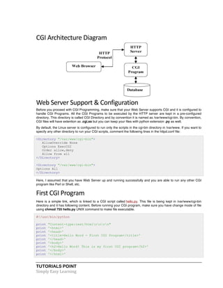 CGI 
Architecture 
Diagram 
Web 
Server 
Support 
& 
Configuration 
Before you proceed with CGI Programming, make sure that your Web Server supports CGI and it is configured to 
handle CGI Programs. All the CGI Programs to be executed by the HTTP server are kept in a pre-configured 
directory. This directory is called CGI Directory and by convention it is named as /var/www/cgi-bin. By convention, 
CGI files will have extention as .cgi,ss but you can keep your files with python extension .py as well. 
By default, the Linux server is configured to run only the scripts in the cgi-bin directory in /var/www. If you want to 
specify any other directory to run your CGI scripts, comment the following lines in the httpd.conf file: 
<Directory "/var/www/cgi-bin"> 
AllowOverride None 
Options ExecCGI 
Order allow,deny 
Allow from all 
</Directory> 
<Directory "/var/www/cgi-bin"> 
Options All 
</Directory> 
Here, I assumed that you have Web Server up and running successfully and you are able to run any other CGI 
program like Perl or Shell, etc. 
First 
CGI 
Program 
Here is a simple link, which is linked to a CGI script called hello.py. This file is being kept in /var/www/cgi-bin 
directory and it has following content. Before running your CGI program, make sure you have change mode of file 
using chmod 755 hello.py UNIX command to make file executable. 
#!/usr/bin/python 
print "Content-type:text/htmlrnrn" 
print '<html>' 
print '<head>' 
print '<title>Hello Word - First CGI Program</title>' 
print '</head>' 
print '<body>' 
print '<h2>Hello Word! This is my first CGI program</h2>' 
print '</body>' 
print '</html>' 
TUTORIALS POINT 
Simply 
Easy 
Learning 
 