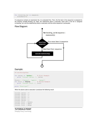 for iterating_var in sequence: 
statements(s) 
If a sequence contains an expression list, it is evaluated first. Then, the first item in the sequence is assigned to 
the iterating variable iterating_var. Next, the statements block is executed. Each item in the list is assigned 
to iterating_var, and the statement(s) block is executed until the entire sequence is exhausted. 
Flow 
Diagram: 
Example: 
#!/usr/bin/python 
for letter in 'Python': # First Example 
print 'Current Letter :', letter 
fruits = ['banana', 'apple', 'mango'] 
for fruit in fruits: # Second Example 
print 'Current fruit :', fruit 
print "Good bye!" 
When the above code is executed, it produces the following result: 
Current Letter : P 
Current Letter : y 
Current Letter : t 
Current Letter : h 
Current Letter : o 
Current Letter : n 
Current fruit : banana 
Current fruit : apple 
Current fruit : mango 
TUTORIALS POINT 
Simply 
Easy 
Learning 
 