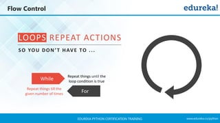www.edureka.co/pythonEDUREKA PYTHON CERTIFICATION TRAINING
Flow Control
LOOPS REPEAT ACTIONS
SO YOU DON’T HAVE TO ...
For
While
Repeat things until the
loop condition is true
Repeat things till the
given number of times
 