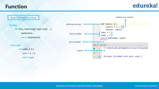 www.edureka.co/pythonEDUREKA PYTHON CERTIFICATION TRAINING
Function
User Defined Function
Syntax:
def func_name (arg1, arg2, arg3, ….):
statements…
return [expression]
Example:
def add ( a, b )
sum = a + b
return sum
adding two number
defining function
Input variable
print variable
output
 