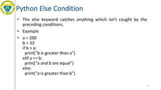 Python Else Condition
• The else keyword catches anything which isn't caught by the
preceding conditions.
• Example
• a = 200
b = 33
if b > a:
print("b is greater than a")
elif a == b:
print("a and b are equal")
else:
print("a is greater than b")
52
 