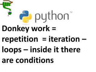 Donkey work =
repetition = iteration –
loops – inside it there
are conditions
 