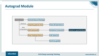 AI & Deep Learning Training www.edureka.co
Autograd Module
torch.Tensor Central Class of Package
.requires_grad as True Track all Operations
Attribute
After
computation
Call .backward() Gradients Computed Stored in .grad Attribute
Stop Tracking History Call .detach()
torch.no_grad()
 