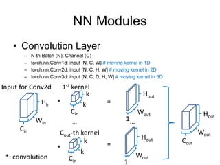 NN Modules
• Convolution Layer
– N-th Batch (N), Channel (C)
– torch.nn.Conv1d: input [N, C, W] # moving kernel in 1D
– torch.nn.Conv2d: input [N, C, H, W] # moving kernel in 2D
– torch.nn.Conv3d: input [N, C, D, H, W] # moving kernel in 3D
Hin
Input for Conv2d
k
k
Win
Cin
Cin
Hout
Wout
1
*
1st kernel
Cout-th kernel
k
k
Cin
Hout
Wout
1
*
=
=
Hout
Wout
Cout
*: convolution
… …
 