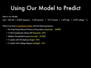 Using Our Model to Predict
csat = 851.56 + 0.003*expense – 2.62*percent + 0.11*income + 1.63*high + 2.03*college + ε
What if we had a Hypothetical State with the following factors -
• Per Pupil Expenditures Primary & Secondary (expense) - $6000
• % HS of graduates taking SAT (percent) - 20%
• Median Household Income (income) - 33.000
• % adults with HS Diploma (high) - 70%
• % adults with College Degree (college) - 15%
Here is our Model:
 