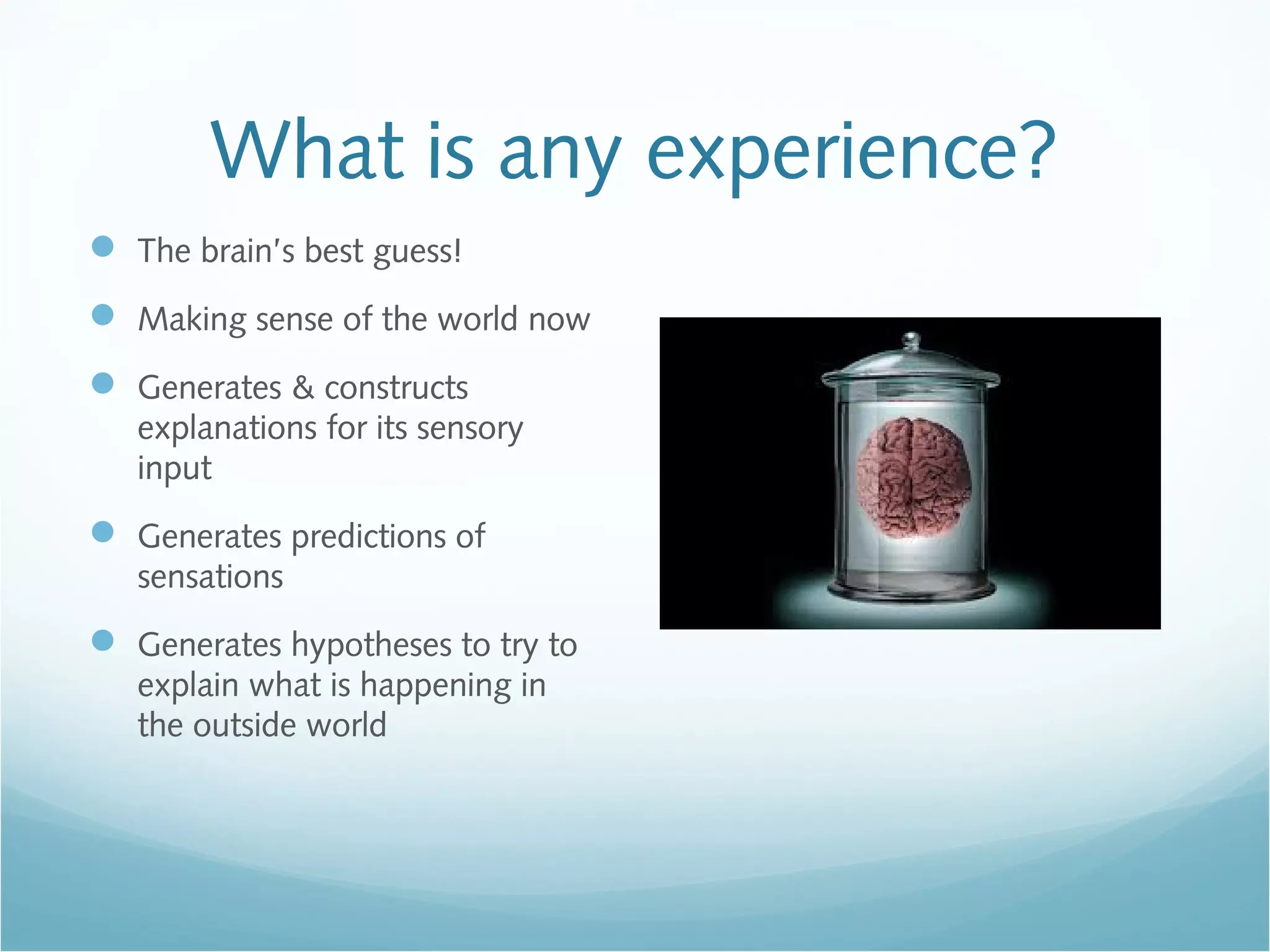 What is any experience?
 The brain’s best guess!
 Making sense of the world now
 Generates & constructs
explanations for its sensory
input
 Generates predictions of
sensations
 Generates hypotheses to try to
explain what is happening in
the outside world
 