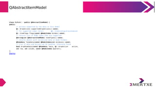 QAbstractItemModel
class MyModel : public QAbstractItemModel {
public:
// actions supported by the data in this model
Qt::DropActions supportedDropActions() const;
// for supported index return Qt::ItemIs(Drag|Drop)Enabled
Qt::ItemFlags flags(const QModelIndex &index) const;
// returns list of MIME types that are supported
QStringList QAbstractItemModel::mimeTypes() const;
// returns object with serialized data in mime formats
QMimeData *mimeData(const QModelIndexList &indexes) const;
// true if data and action can be handled, otherwise false
bool dropMimeData(const QMimeData *data, Qt::DropAction action,
int row, int column, const QModelIndex &parent);
};
Demo
 