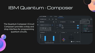 IBM Quantum : Composer
The Quantum Composer (Circuit
Composer) provides a drag-and
drop interface for programming
quantum circuits.
 
