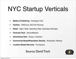NYC Startup Verticals
                     •    Media & Publishing - Hufﬁngton Post

                     •    Fashion - GiltGroup, Rent the Runway

                     •    Retail - Open Table, Seamless Web, Seamless Receipts

                     •    Financial Tech - SecondMarket

                     •    Advertising Tech - Quigo, Linkshare

                     •    Community-Based/Population Density - Kickstarter, Meetup

                     •    Location-Based Services - Foursquare


                                         Source: David Tisch
Thursday, July 28, 2011
 