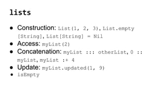 lists
● Construction: List(1, 2, 3), List.empty
[String], List[String] = Nil
● Access: myList(2)
● Concatenation: myList ::: otherList, 0 ::
myList, myList :+ 4
● Update: myList.updated(1, 9)
● isEmpty
 