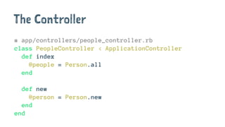 The Controller
# app/controllers/people_controller.rb
class PeopleController < ApplicationController
def index
@people = Person.all
end
def new
@person = Person.new
end
end
 