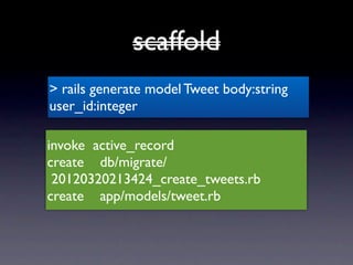 scaffold
> rails generate model Tweet body:string
user_id:integer

invoke active_record
create db/migrate/
 20120320213424_create_tweets.rb
create app/models/tweet.rb
 
