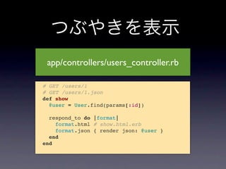 つぶやきを表示
   app/controllers/users_controller.rb

  # GET /users/1
  # GET /users/1.json
  def show
    @user = User.find(params[:id])

    respond_to do |format|
      format.html # show.html.erb
      format.json { render json: @user }
    end
  end
 