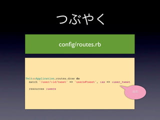 つぶやく
                     conﬁg/routes.rb




Twit::Application.routes.draw do
  match '/user/:id/tweet' => 'users#tweet', :as => :user_tweet

  resources :users
                                                                 追加
 