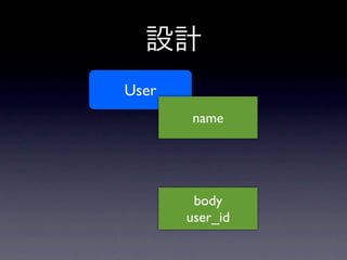 設計
User
       name




        body
       user_id
 