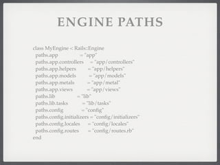 ENGINE PATHS
class MyEngine < Rails::Engine
 paths.app           = "app"
 paths.app.controllers = "app/controllers"
 paths.app.helpers       = "app/helpers"
 paths.app.models         = "app/models"
 paths.app.metals        = "app/metal"
 paths.app.views         = "app/views"
 paths.lib         = "lib"
 paths.lib.tasks      = "lib/tasks"
 paths.conﬁg          = "conﬁg"
 paths.conﬁg.initializers = "conﬁg/initializers"
 paths.conﬁg.locales = "conﬁg/locales"
 paths.conﬁg.routes      = "conﬁg/routes.rb"
end
 