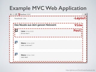 /
Example MVC Web Application
Layout
View
Post
https://github.com/DonSchado/facebook-lite
 