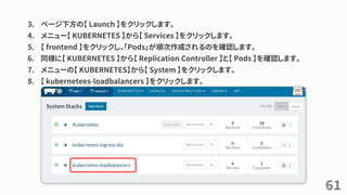 3. ページ下方の【 Launch 】をクリックします。
4. メニュー【 KUBERNETES 】から【 Services 】をクリックします。
5. 【 frontend 】をクリックし、「Pods」が順次作成されるのを確認します。
6. 同様に【 KUBERNETES 】から【 Replication Controller 】と【 Pods 】を確認します。
7. メニューの【 KUBERNETES】から【 System 】をクリックします。
8. 【 kubernetees-loadbalancers 】をクリックします。
61
 