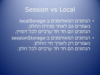‫‪Session vs Local‬‬
     ‫המאוחסנים ב-‪localSorage‬‬      ‫• הנתונים‬
         ‫גם לאחר סגירת החלון.‬     ‫נשמרים‬
 ‫הם חד חד ערכיים לכל דומיין.‬      ‫הנתונים‬
‫המאוחסנים ב-‪sessionStorage‬‬        ‫• הנתונים‬
            ‫רק לאורך חיי החלון.‬   ‫נשמרים‬
   ‫הם חד חד ערכיים לכל חלון.‬      ‫הנתונים‬
 