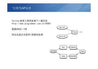 “打败”CAP原理



Twitter首席工程师发表了一篇论文
http://www.programmer.com.cn/9260/

数据CRUD-->CR

持久化层分为实时+海量批处理
 