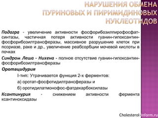 Подагра - увеличение активности фосфорибозилпирофосфат-
синтазы, частичная потеря активности гуанин-гипоксантин-
фосфорибозилтрансферазы, массивное разрушение клеток при
псориазе, раке и др., увеличение реабсорбции мочевой кислоты в
почках
Синдром Леша - Нихена - полное отсутствие гуанин-гипоксантин-
фосфорибозилтрансферазы
Оротацидурия
I-тип: Утрачивается функция 2-х ферментов:
а) оротат-фосфотидилтрансферазы и
б) оротидилатмонофос-фатдекарбоксилазы
Ксантинурия - снижением активности фермента
ксантиноксидазы
Cholesterol-inform.ru
 
