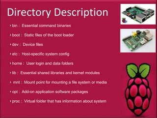 Directory Description
bin : Essential command binaries
boot : Static files of the boot loader
dev : Device files
etc : Host-specific system config
home : User login and data folders
lib : Essential shared libraries and kernel modules
mnt : Mount point for mounting a file system or media
opt : Add-on application software packages
proc : Virtual folder that has information about system
 