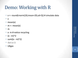 •
•
•
•
•
•
•
•
•
•

x <- round(rnorm(10,mean=20,sd=5)) # simulate data
x
mean(x)
m <- mean(x)
m
x- m # notice recycling
(x - m)^2
sum((x - m)^2)
data()
UKgas

Data Analysis Course
Venkat Reddy

Demo: Working with R

11

 