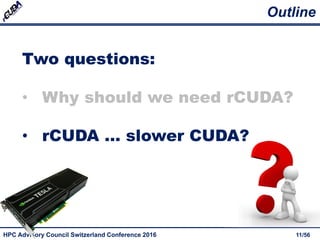 HPC Advisory Council Switzerland Conference 2016 11/56
Outline
Two questions:
• Why should we need rCUDA?
• rCUDA … slower CUDA?
 