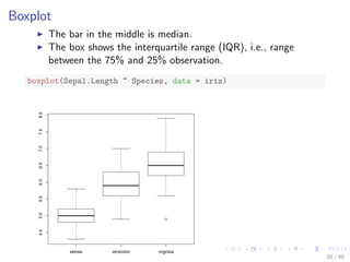 Outline 
Introduction 
Have a Look at Data 
Explore Individual Variables 
Explore Multiple Variables 
More Explorations 
Save Charts to Files 
Further Readings and Online Resources 
17 / 39 
 