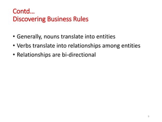 Contd…
Discovering Business Rules
• Generally, nouns translate into entities
• Verbs translate into relationships among entities
• Relationships are bi-directional
9
 