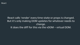 React
React calls ‘render’ every time state or props is changed.
But it’s only making DOM updates for whatever needs to
change.
It does the diff for this via the vDOM – virtual DOM.
 