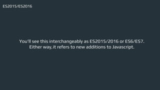 ES2015/ES2016
You’ll see this interchangeably as ES2015/2016 or ES6/ES7.
Either way,it refers to new additions to Javascript.
 
