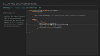 SMART AND DUMP COMPONENTS
Smart component
- all props that previously were
sent to each child dumb
component, are grouped and
passed to ChairsManager
- ChairsManager does all
the presentational work
Making ChairsManager more flexible - #1
 