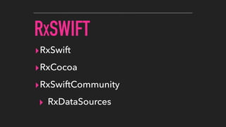 RXSWIFT
▸RxSwift
▸RxCocoa
▸RxSwiftCommunity
▸ RxDataSources
 