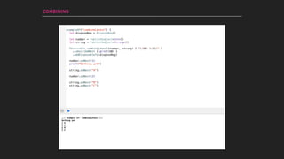 exampleOf("combineLatest") {
let disposeBag = DisposeBag()
let number = PublishSubject<Int>()
let string = PublishSubject<String>()
Observable.combineLatest(number, string) { "($0) ($1)" }
.subscribeNext { print($0) }
.addDisposableTo(disposeBag)
number.onNext(1)
print("Nothing yet")
string.onNext("A")
number.onNext(2)
string.onNext("B")
string.onNext("C")
}
COMBINING
--- Example of: combineLatest ---
Nothing yet
1 A
2 A
2 B
2 C
 