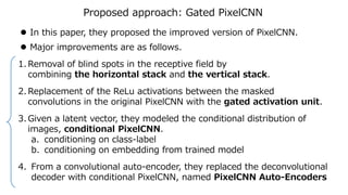 Proposed approach: Gated PixelCNN
 In this paper, they proposed the improved version of PixelCNN.
 Major improvements are as follows.
1. Removal of blind spots in the receptive field by
combining the horizontal stack and the vertical stack.
2. Replacement of the ReLu activations between the masked
convolutions in the original PixelCNN with the gated activation unit.
3. Given a latent vector, they modeled the conditional distribution of
images, conditional PixelCNN.
a. conditioning on class-label
b. conditioning on embedding from trained model
4. From a convolutional auto-encoder, they replaced the deconvolutional
decoder with conditional PixelCNN, named PixelCNN Auto-Encoders
 