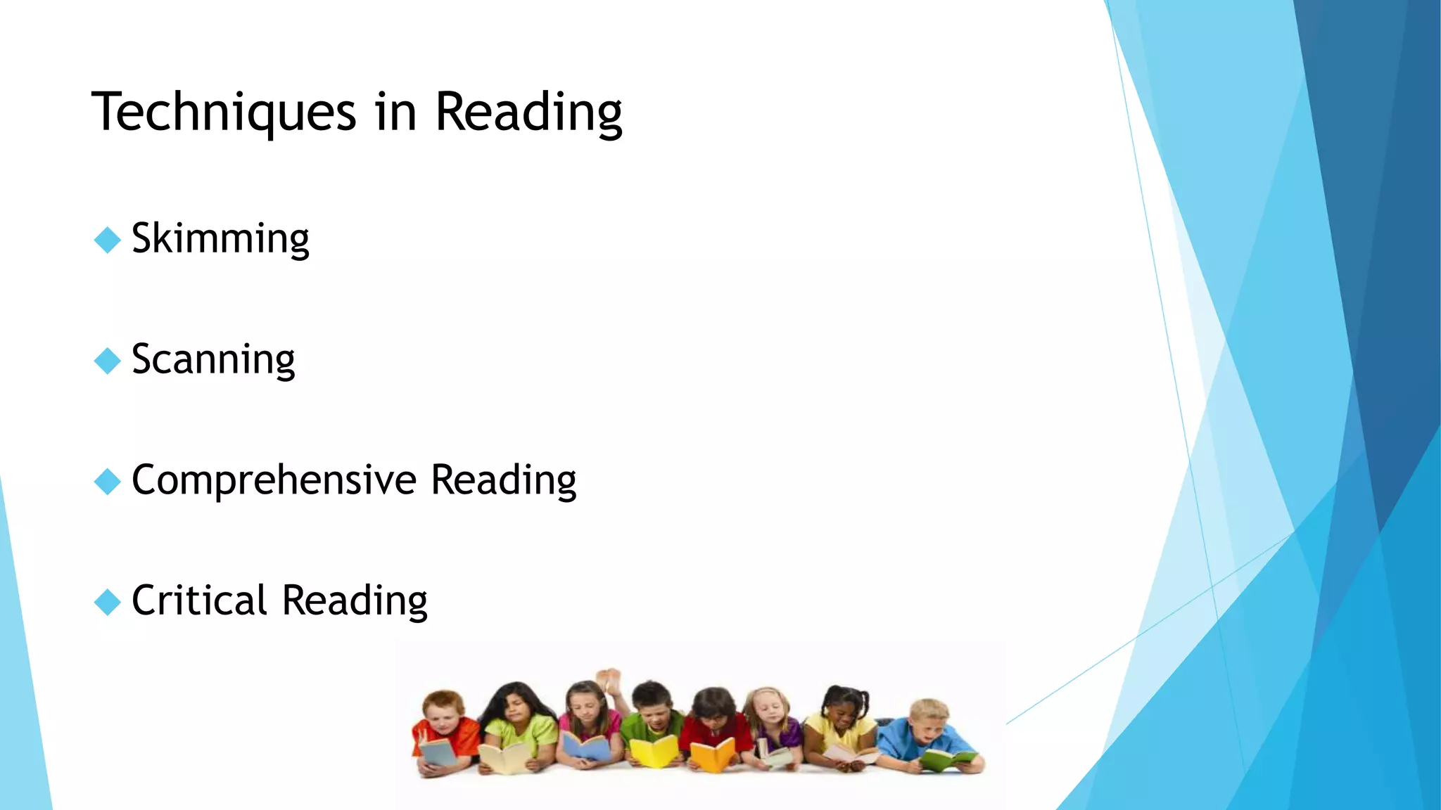 Techniques in Reading
 Skimming
 Scanning
 Comprehensive Reading
 Critical Reading
 
