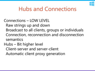 Hubs and Connections
Connections – LOW LEVEL
Raw strings up and down
Broadcast to all clients, groups or individuals
Connection, reconnection and disconnection
semantics
Hubs – Bit higher level
Client-server and server-client
Automatic client proxy generation
 