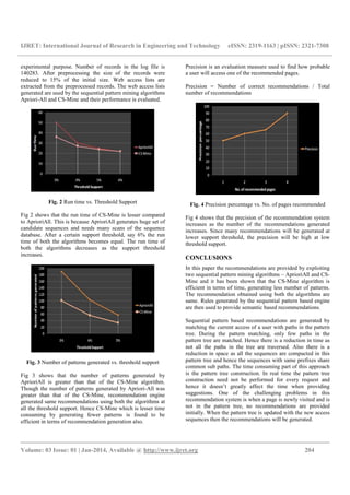 IJRET: International Journal of Research in Engineering and Technology eISSN: 2319-1163 | pISSN: 2321-7308
__________________________________________________________________________________________
Volume: 03 Issue: 01 | Jan-2014, Available @ http://www.ijret.org 204
experimental purpose. Number of records in the log file is
140283. After preprocessing the size of the records were
reduced to 15% of the initial size. Web access lists are
extracted from the preprocessed records. The web access lists
generated are used by the sequential pattern mining algorithms
Apriori-All and CS-Mine and their performance is evaluated.
Fig. 2 Run time vs. Threshold Support
Fig 2 shows that the run time of CS-Mine is lesser compared
to AprioriAll. This is because AprioriAll generates huge set of
candidate sequences and needs many scans of the sequence
database. After a certain support threshold, say 6% the run
time of both the algorithms becomes equal. The run time of
both the algorithms decreases as the support threshold
increases.
Fig. 3 Number of patterns generated vs. threshold support
Fig 3 shows that the number of patterns generated by
AprioriAll is greater than that of the CS-Mine algorithm.
Though the number of patterns generated by Apriori-All was
greater than that of the CS-Mine, recommendation engine
generated same recommendations using both the algorithms at
all the threshold support. Hence CS-Mine which is lesser time
consuming by generating fewer patterns is found to be
efficient in terms of recommendation generation also.
Precision is an evaluation measure used to find how probable
a user will access one of the recommended pages.
Precision = Number of correct recommendations / Total
number of recommendations
Fig. 4 Precision percentage vs. No. of pages recommended
Fig 4 shows that the precision of the recommendation system
increases as the number of the recommendations generated
increases. Since many recommendations will be generated at
lower support threshold, the precision will be high at low
threshold support.
CONCLUSIONS
In this paper the recommendations are provided by exploiting
two sequential pattern mining algorithms – AprioriAll and CS-
Mine and it has been shown that the CS-Mine algorithm is
efficient in terms of time, generating less number of patterns.
The recommendation obtained using both the algorithms are
same. Rules generated by the sequential pattern based engine
are then used to provide semantic based recommendations.
Sequential pattern based recommendations are generated by
matching the current access of a user with paths in the pattern
tree. During the pattern matching, only few paths in the
pattern tree are matched. Hence there is a reduction in time as
not all the paths in the tree are traversed. Also there is a
reduction in space as all the sequences are compacted in this
pattern tree and hence the sequences with same prefixes share
common sub paths. The time consuming part of this approach
is the pattern tree construction. In real time the pattern tree
construction need not be performed for every request and
hence it doesn’t greatly affect the time when providing
suggestions. One of the challenging problems in this
recommendation system is when a page is newly visited and is
not in the pattern tree, no recommendations are provided
initially. When the pattern tree is updated with the new access
sequences then the recommendations will be generated.
 