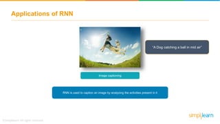 Applications of RNN
Image captioning
RNN is used to caption an image by analyzing the activities present in it
“A Dog catching a ball in mid air”
 