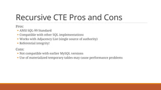 Recursive CTE Pros and Cons
Pros:
§ ANSI SQL-99 Standard
§ Compatible with other SQL implementations
§ Works with Adjacency List (single source of authority)
§ Referential integrity!
Cons:
§ Not compatible with earlier MySQL versions
§ Use of materialized temporary tables may cause performance problems
 
