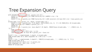 Tree Expansion Query
WITH RECURSIVE ancestors (tsn, parent_tsn) AS (
SELECT h.tsn, h.parent_tsn FROM hierarchy AS h WHERE h.tsn = %s
UNION ALL
SELECT h.tsn, h.parent_tsn FROM hierarchy AS h JOIN ancestors AS base ON h.tsn = base.parent_tsn
),
breadcrumbs (tsn, parent_tsn, depth, breadcrumbs) AS (
SELECT h.tsn, h.parent_tsn, 0 AS depth, CAST(LPAD(h.tsn, 8, '0') AS CHAR(255)) AS breadcrumbs
FROM hierarchy AS h WHERE h.parent_tsn = 0
UNION ALL
SELECT h.tsn, h.parent_tsn, base.depth+1 AS depth, CONCAT(base.breadcrumbs, ',', LPAD(h.tsn, 8,
'0'))
FROM hierarchy AS h
JOIN ancestors AS a ON h.tsn = a.tsn
JOIN breadcrumbs AS base ON h.parent_tsn = base.tsn
)
SELECT l.tsn, l.completename, b.depth, b.breadcrumbs
FROM breadcrumbs AS b JOIN longnames AS l ON b.tsn = l.tsn
UNION
SELECT l.tsn, l.completename, b.depth+1, CONCAT(b.breadcrumbs, ',', LPAD(h.tsn, 8, '0'))
FROM breadcrumbs AS b
JOIN hierarchy AS h ON b.tsn = h.parent_tsn
JOIN longnames AS l ON l.tsn = h.tsn
ORDER BY breadcrumbs
 